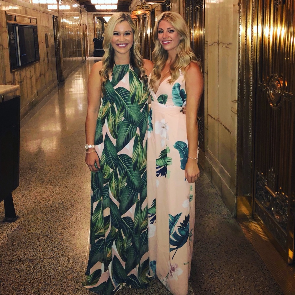 Boutique pink and green leaf jumpsuit